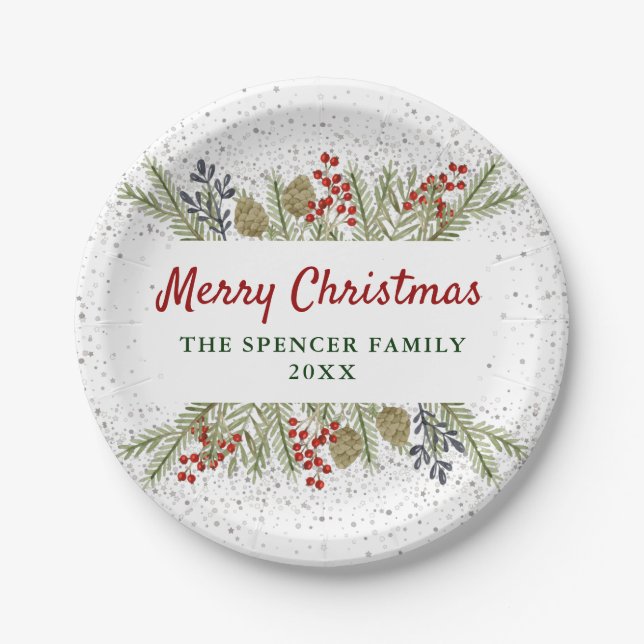 Silver Glitzer Holly Berries Weihnachtsfest Party Pappteller (Vorderseite)