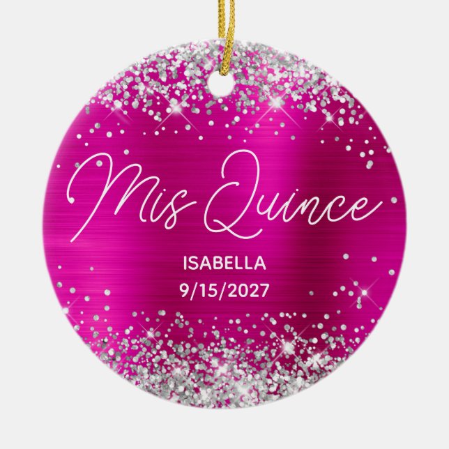 Silver Glitzer Hot Pink Extravagant Mis Quince Fot Keramik Ornament (Vorne)
