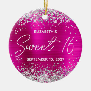 Silver Glitzer Hot Pink Extravagant Sweet 16 Foto Keramik Ornament