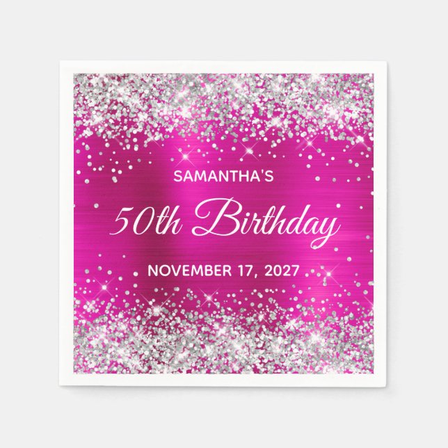 Silver Glitzer Hot Pink Foil 50. Geburtstag Serviette (Vorderseite)