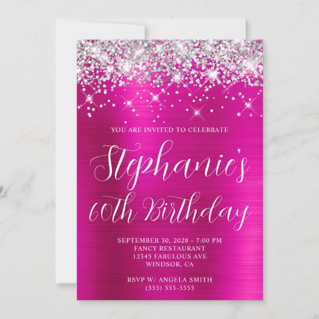 Silver Glitzer Hot Pink Foil 60. Geburtstag Einladung (Vorderseite)