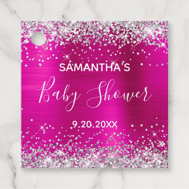 Silver Glitzer Hot Pink Foil Baby Geschenkanhänger (Vorderseite)