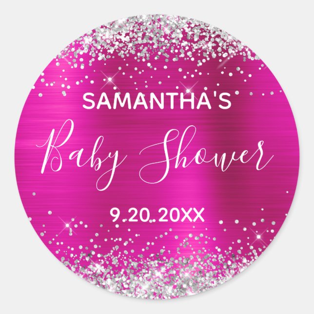 Silver Glitzer Hot Pink Foil Babydusche Runder Aufkleber (Vorderseite)