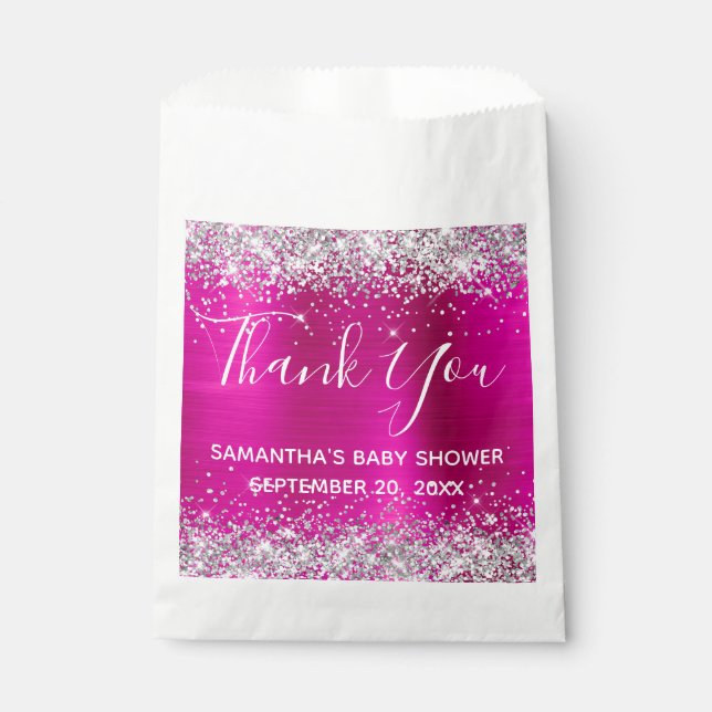 Silver Glitzer Hot Pink Foil Babydusche Vielen Dan Geschenktütchen (Vorderseite)