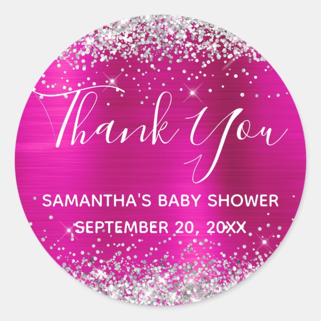Silver Glitzer Hot Pink Foil Babydusche Vielen Dan Runder Aufkleber (Vorderseite)