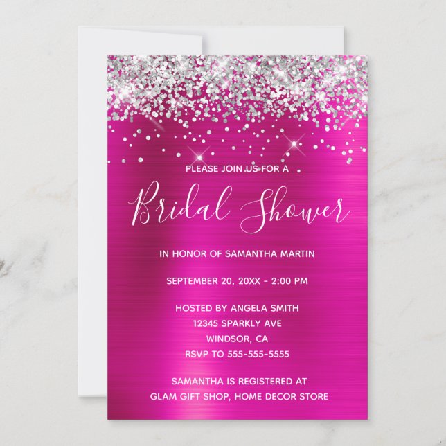 Silver Glitzer Hot Pink Foil Brautparty Einladung (Vorderseite)