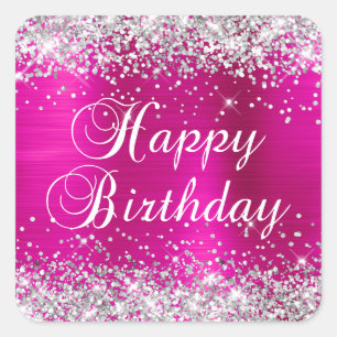 Silver Glitzer Hot Pink Foil Happy Birthday Quadratischer Aufkleber
