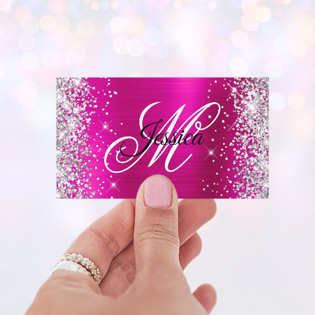 Silver Glitzer Hot Pink Foil Monogramm Profil Visitenkarte (Faux Glittery Monogram Business Cards)