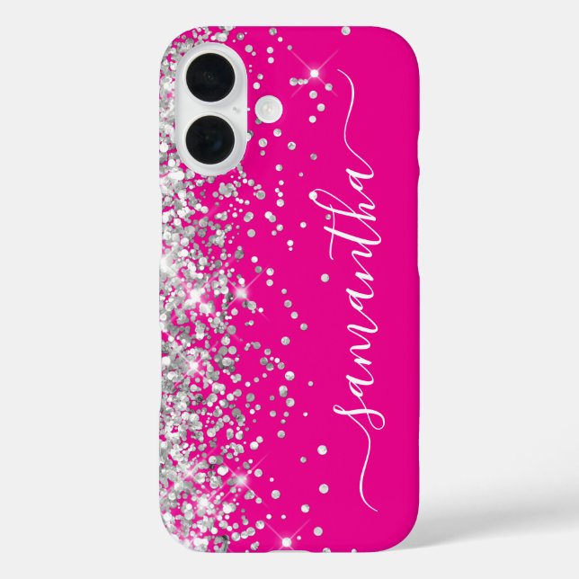 Silver Glitzer Hot Pink Girly Signature iPhone 16 Hülle (Rückseite)