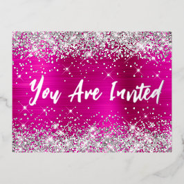 Silver Glitzer Hot Pink Glam 21. Geburtstag Folie Einladungspostkarte