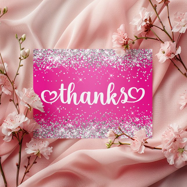 Silver Glitzer Hot Pink Hearts Sweet 16 Danke Postkarte (Silver Glitter Hot Pink Hearts Sweet 16 Thanks Postcard)