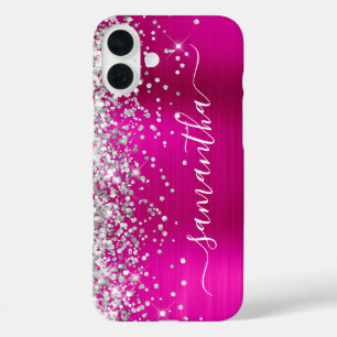 Silver Glitzer Hot Pink Metallic Girly Signature iPhone 16 Plus Hülle