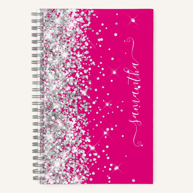 Silver Glitzer Hot Pink Moderne Girly Signature Notizbuch (Vorderseite)