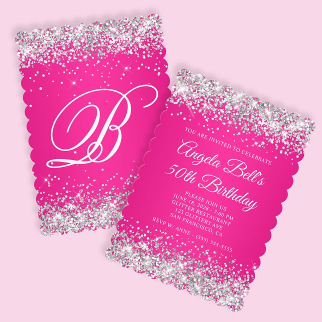 Silver Glitzer Hot Pink Monogram 50. Geburtstag Einladung (Create your own faux silver glitter and hot pink birthday invite.)