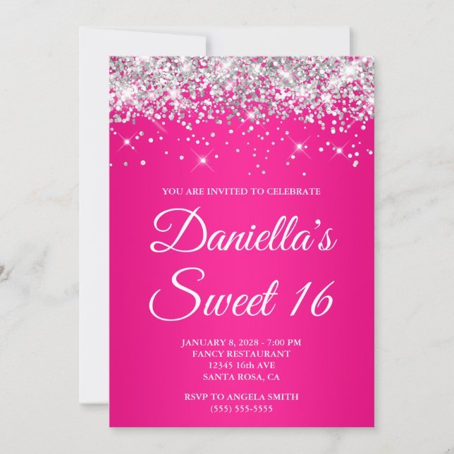 Silver Glitzer Hot Pink Ombre Sweet 16 Einladung (Vorderseite)