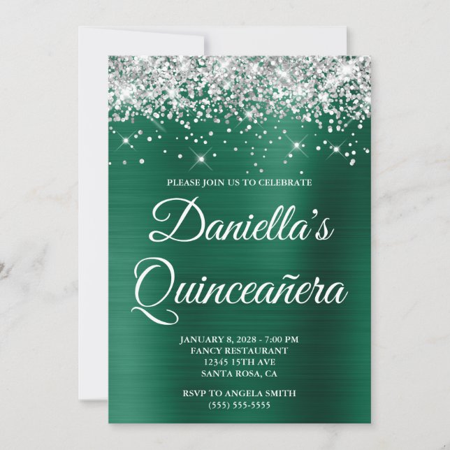 Silver Glitzer Hunter Green Foil Quinceañera Einladung (Vorderseite)