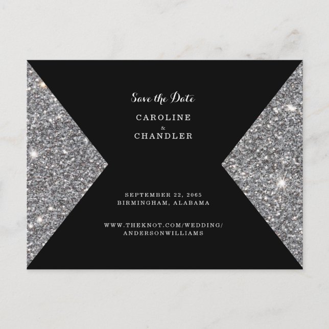 Silver Glitzer Image & Black Foto Save the Date Postkarte (Vorderseite)