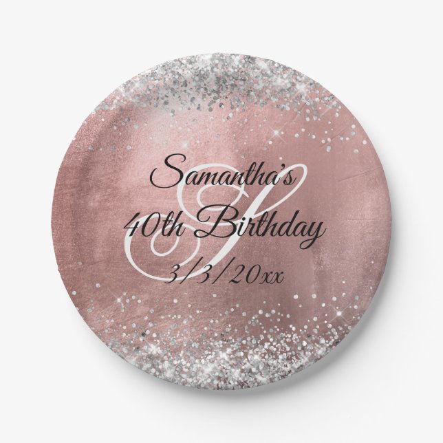 Silver Glitzer Imitate Rose Gold Foil 40. Geburtst Pappteller (Vorderseite)