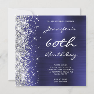 Silver Glitzer Indigo Blue Foil 60. Geburtstag Einladung