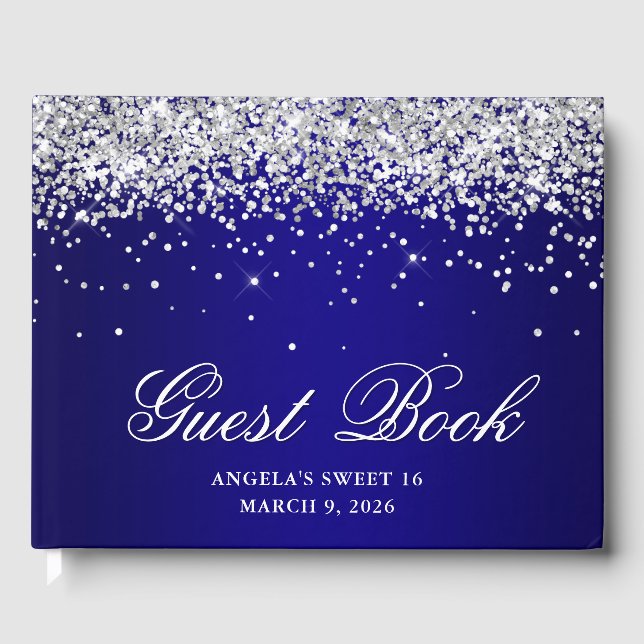 Silver Glitzer Indigo Blue Ombre Sweet 16 Gästebuch (Vorderseite)