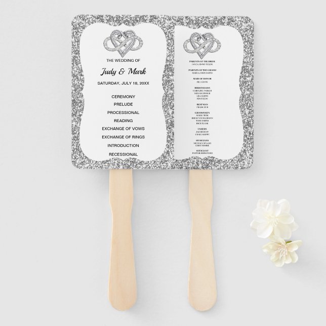 Silver Glitzer Infinity Heart Wedding Program Fans Fächer (Vorne und Hinten)