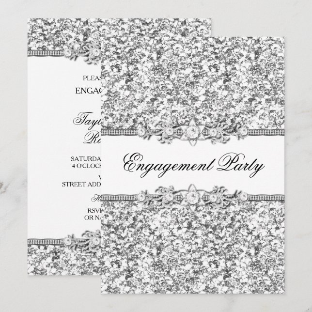 Silver Glitzer & Jewel Engagement Party einladen Einladung (Vorne/Hinten)