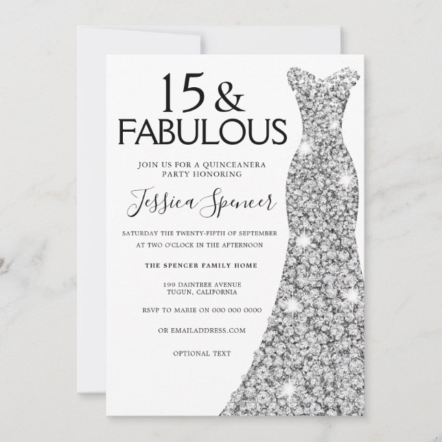 Silver Glitzer Kleid Fabulous 15 Quinceanera Party Einladung (Vorderseite)