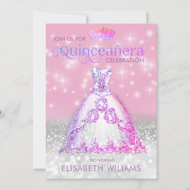 Silver Glitzer Kleid ombre tiara Quinceañera Inv Einladung (Vorderseite)