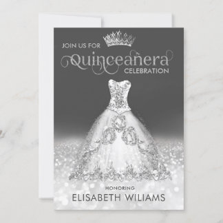 Silver Glitzer Kleid ombre tiara Quinceañera Invi Einladung