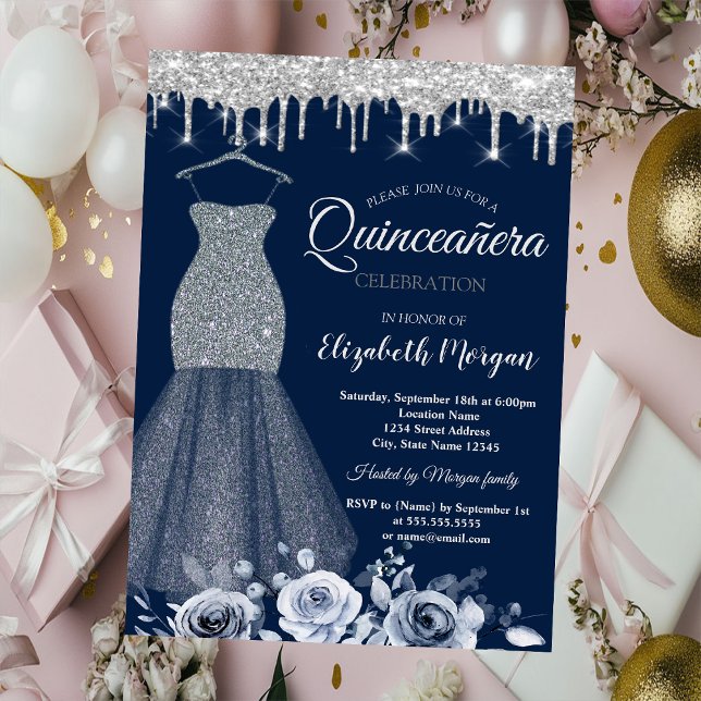 Silver Glitzer Kleid, Tropfen Rose Quinceañera Einladung (Von Creator hochgeladen)