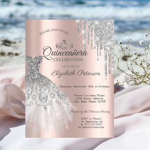 Silver Glitzer Kleid, Tropfens Rose Gold Quinceañe Einladung