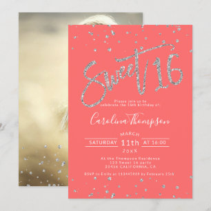 Silver Glitzer Konfetti Koralle Sweet 16 Foto Einladung