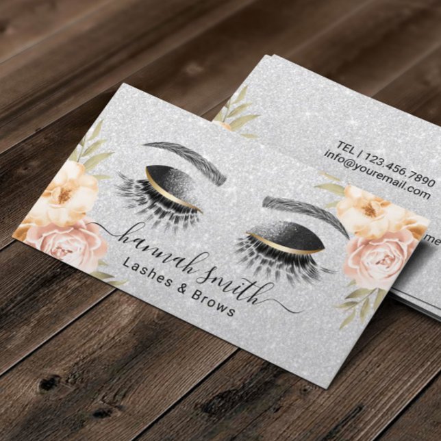 Silver Glitzer Lashes & Brows Beauty Salon Visitenkarte (Von Creator hochgeladen)