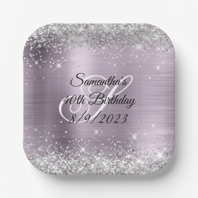 Silver Glitzer Lavender Foil 40. Geburtstag Pappteller (Vorderseite)