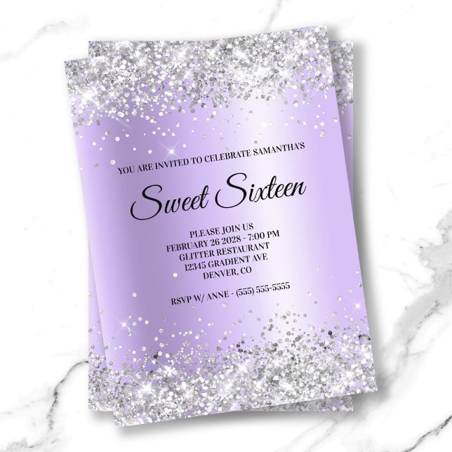Silver Glitzer Lavender Satin Foil 16 . Geburtstag Einladung (Silver Glitter Lavender Satin Foil Sweet Sixteen Invitation)