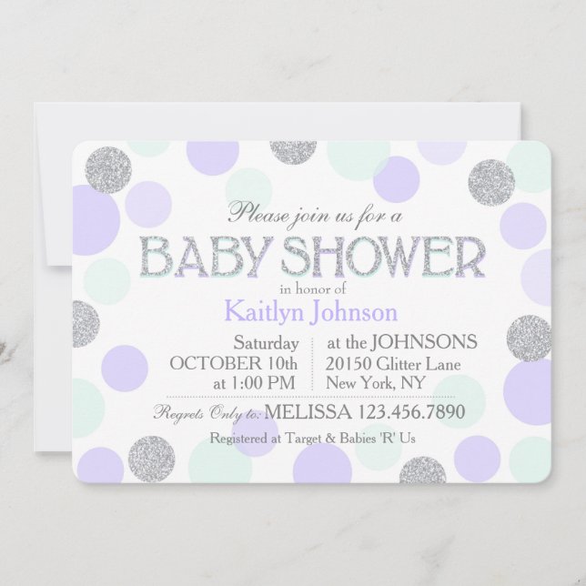 Silver Glitzer Lavender Seafoam Dots Baby Dusche Einladung (Vorderseite)