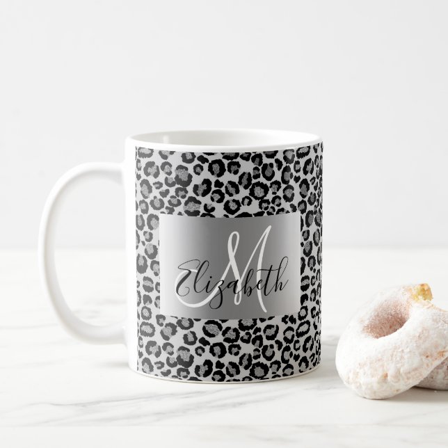SIlver Glitzer Leopard Monogram Fun Kaffeetasse (Mit Donut)