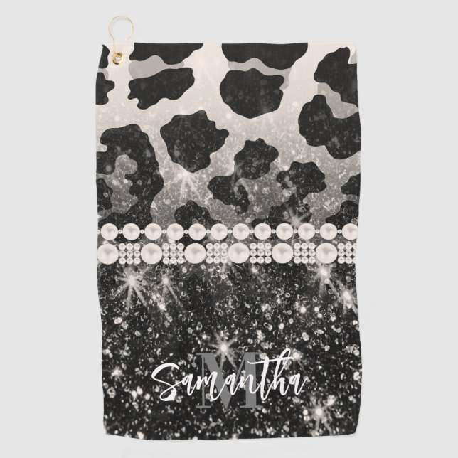 Silver Glitzer Leopard Print Golfhandtuch (Vorderseite)