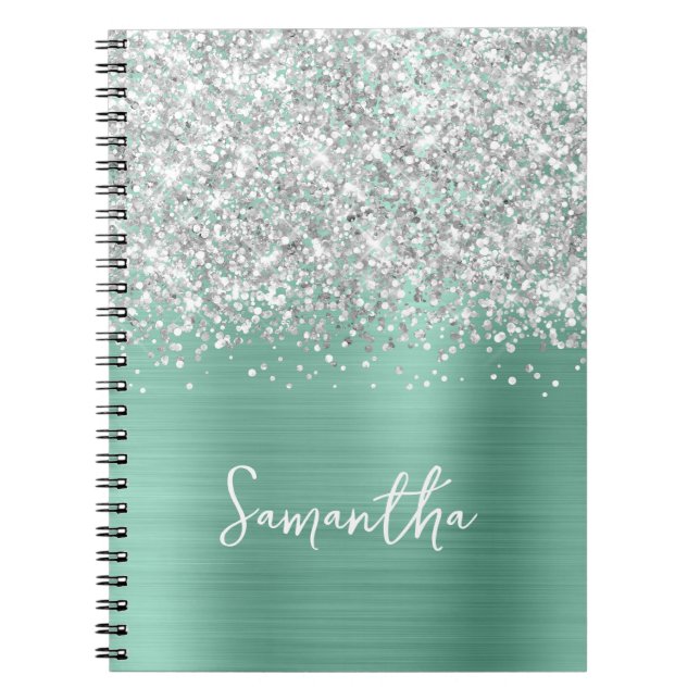 Silver Glitzer Light Aquamarin Glam Script Name Notizblock (Vorderseite)