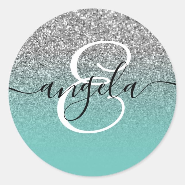 Silver Glitzer Light Aquamarin Ombre Mit Monogramm Runder Aufkleber (Vorderseite)