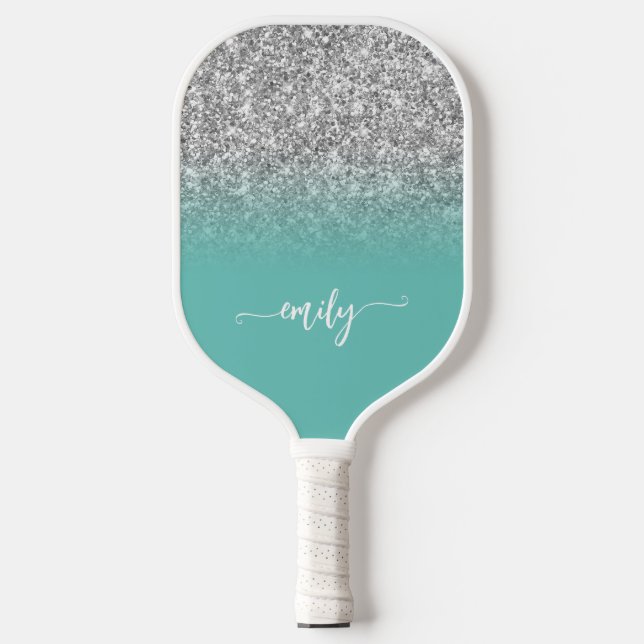 Silver Glitzer Light Aquamarin Ombre Modernes Scri Pickleball Schläger (Vorderseite)