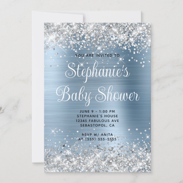 Silver Glitzer Light Blue Baby Dusche Einladung (Vorderseite)