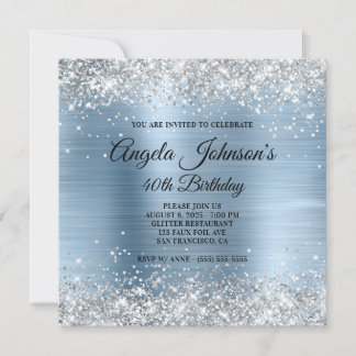 Silver Glitzer Light Blue Foil 40. Geburtstag Einladung