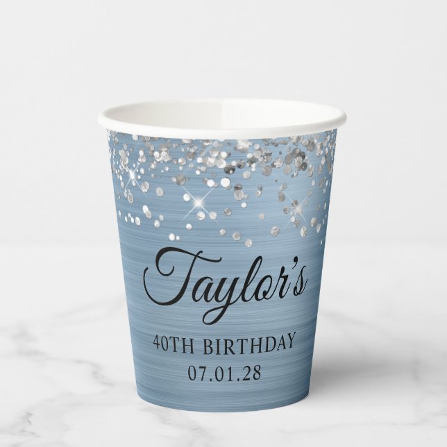 Silver Glitzer Light Blue Foil 40. Geburtstag Pappbecher (Links)