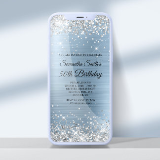 Silver Glitzer Light Blue Foil 50. Geburtstag Einladung