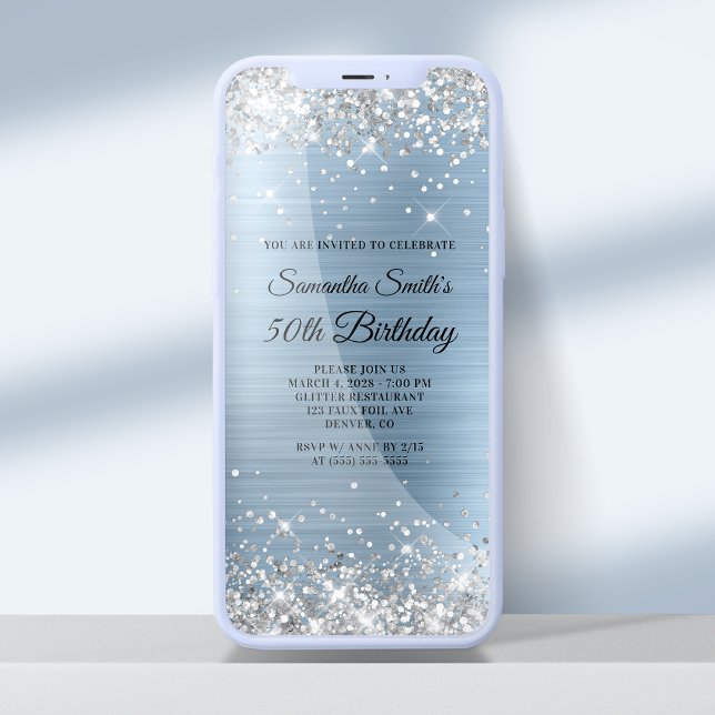 Silver Glitzer Light Blue Foil 50. Geburtstag Einladung (Von Creator hochgeladen)