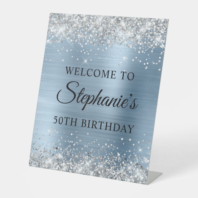 Silver Glitzer Light Blue Foil 50. Geburtstag Sockelschild (Vorderseite)