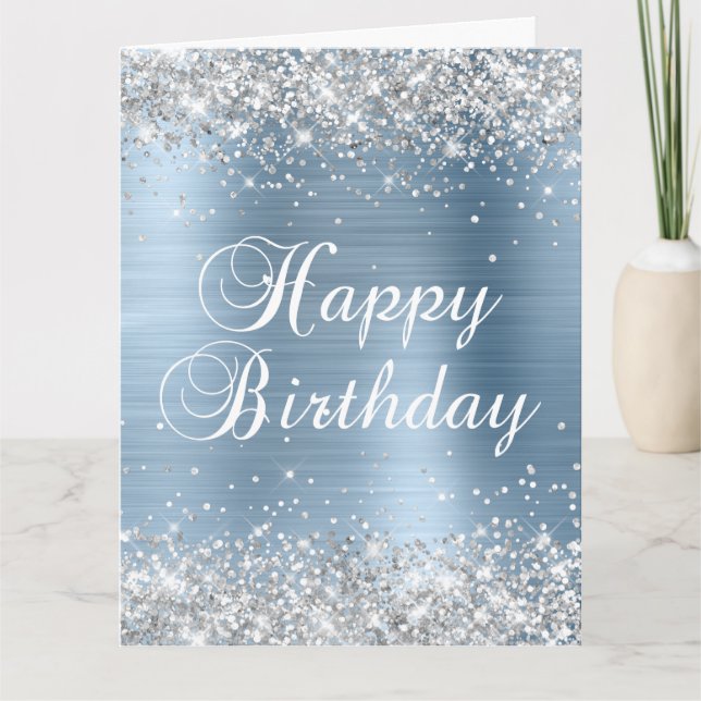 Silver Glitzer Light Blue Foil Big Happy Geburtsta Karte (Vorderseite)