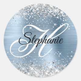 Silver Glitzer Light Blue Foil Extravagant Monogra Runder Aufkleber