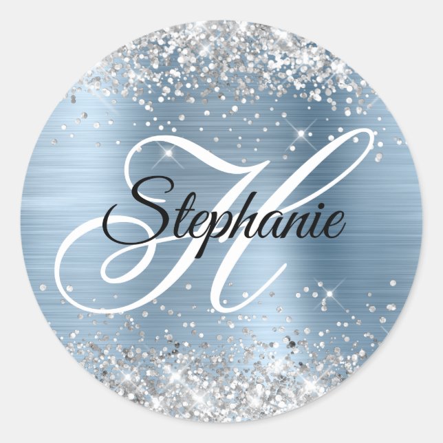 Silver Glitzer Light Blue Foil Extravagant Monogra Runder Aufkleber (Vorderseite)